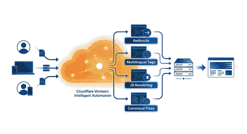Cloudflare Workers diagram showing redirects, multilingual tags, JS rendering, and canonical SEO fixes. 
