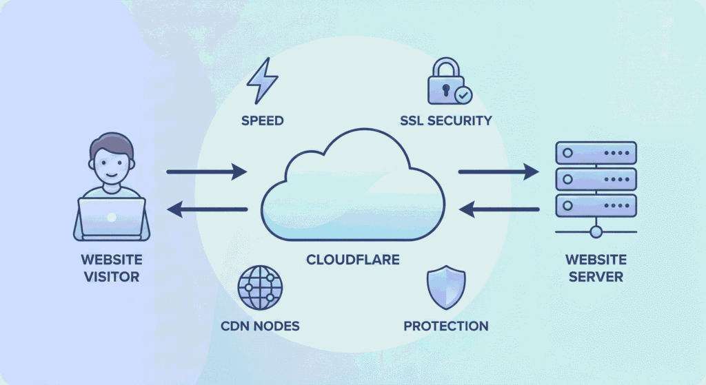 Diagram explaining how Cloudflare works between a website visitor and the website server, improving speed, SSL security, CDN delivery, and overall website protection 